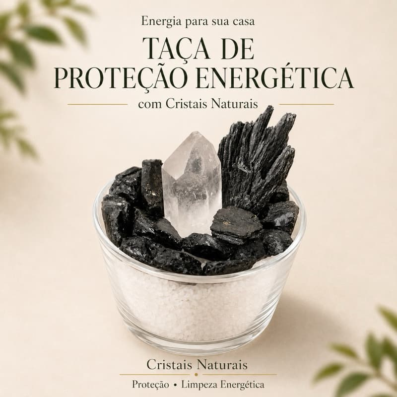 Taça Proteção Energética Turmalina Negra Cianita Preta Vassoura de Bruxa Quartzo Cristal Sal Grosso Feng Shui