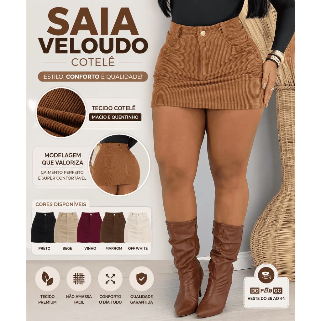 Saia Feminina Veludo Cotelê Canelado Cintura Alta Curta com Bolsos