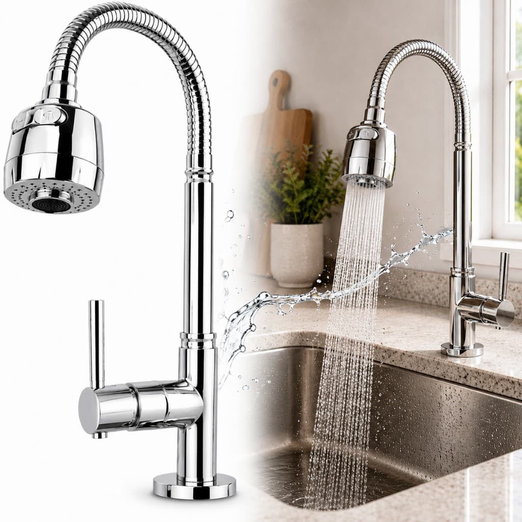 Torneira Gourmet Cozinha Flexível Bancada Inox Mesa Pia Volta Cromada Cano Jato  Duplo Jatos Metal 360° Flexivel Fria