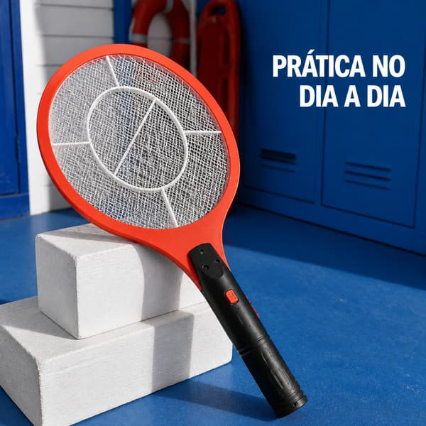 Raquete Elétrica Vermelha Mata Mosquito com Tela Metálica e Cabo Ergonômico para Casa Escola Escritório Jardim e Camping