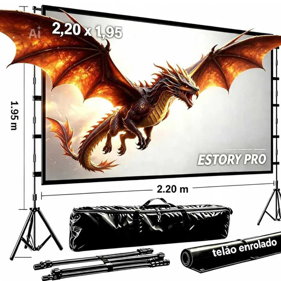 Kit Tela Para Projetor  Com Estrutura Estory Mais Tela Pro Full Hd Para Todos Ambiente  4K Lona 2,20 X 1,95 Projeção 4k