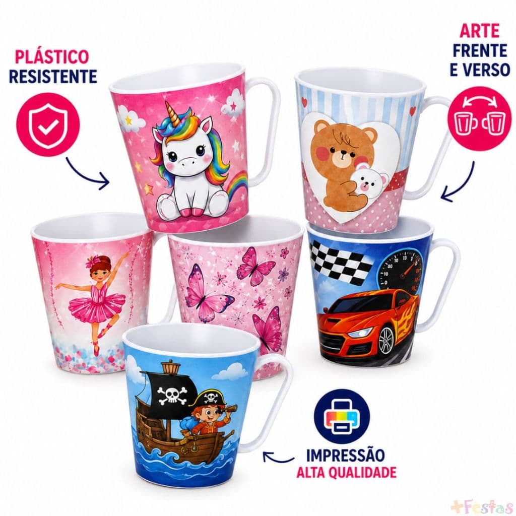 Kit 5/10 Caneca Plástica 430ml Temas Infantil Sortido Festa Lembrancinha Aniversário Brinde Presente