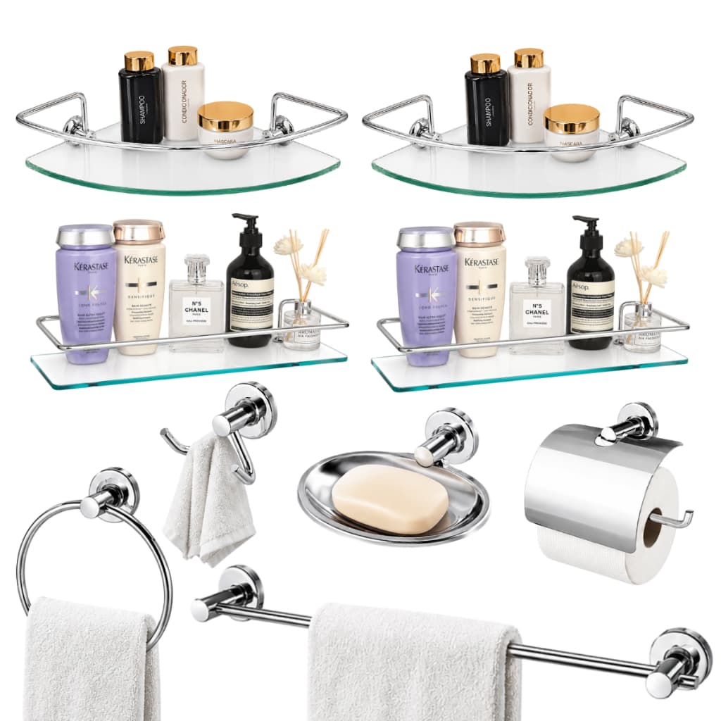 Kit Acessórios Banheiro 5 Peças Luxo Metal + 2 Porta Shampoo Reto + 2 Porta Shampoo Canto Vidro Organizador Box Premium