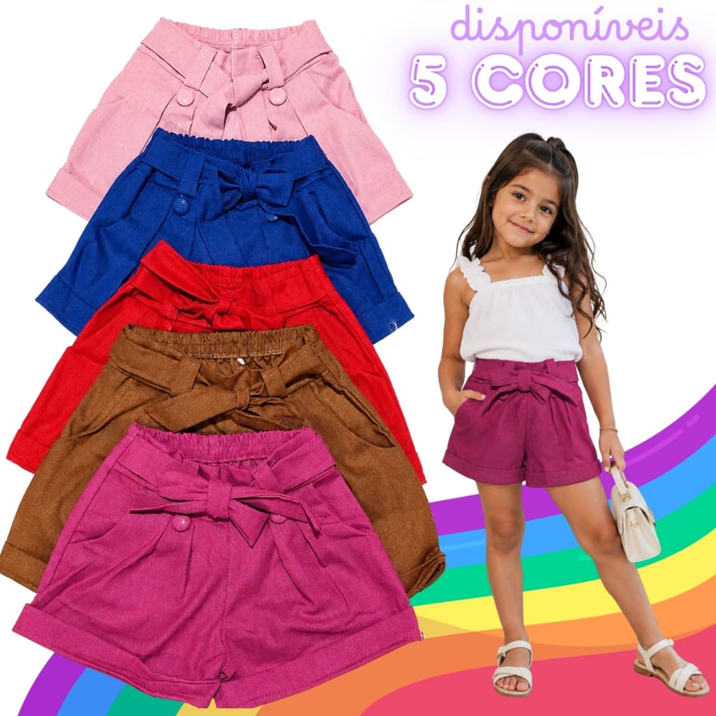 Short Infantil Meninas Alfaiataria Linho com Laço Delicado 4 ao 10