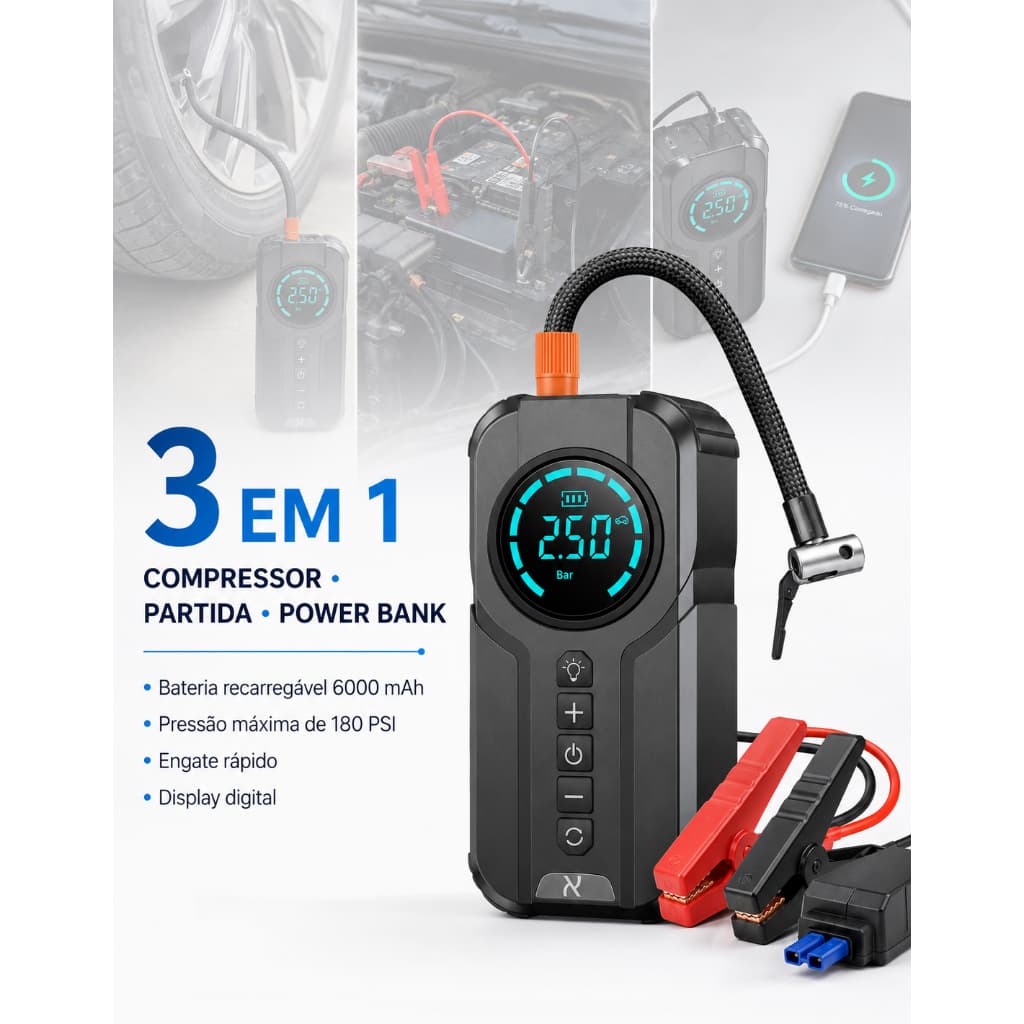 Auxiliar Partida Portátil Compressor Ar Power Bank Sos Carro Bomba de Ar enxer pneu auxiliar de partida portatil para