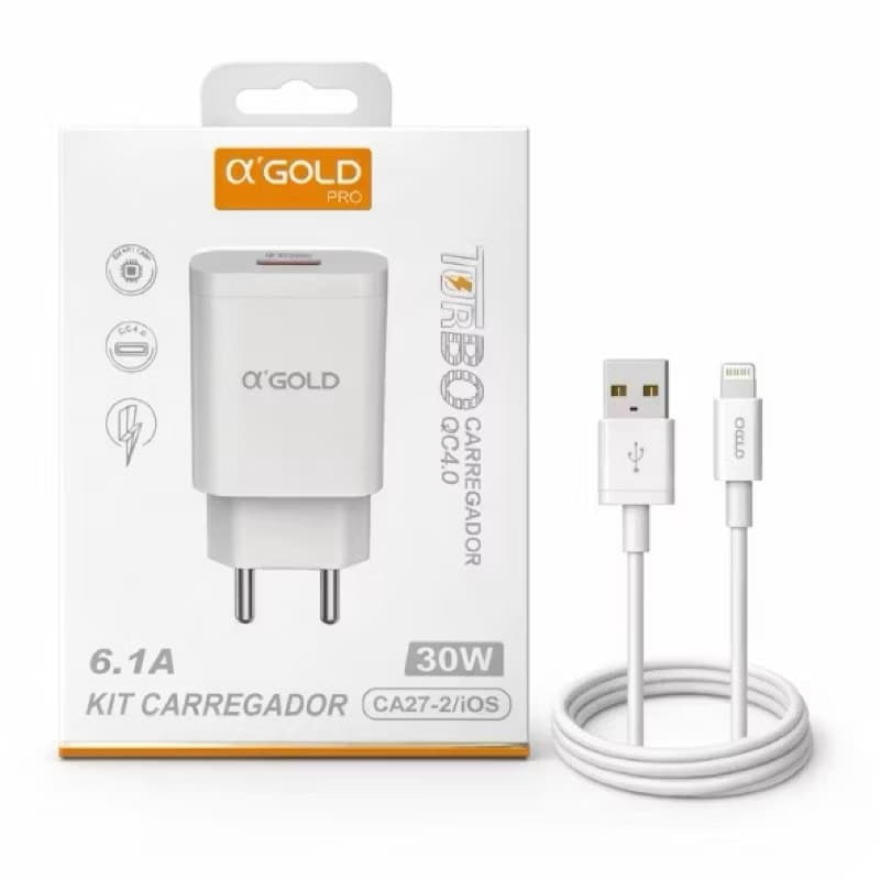Carregador Turbo USB 30W + Cabo USB- para Lightning ou Type C – Carregamento Rápido