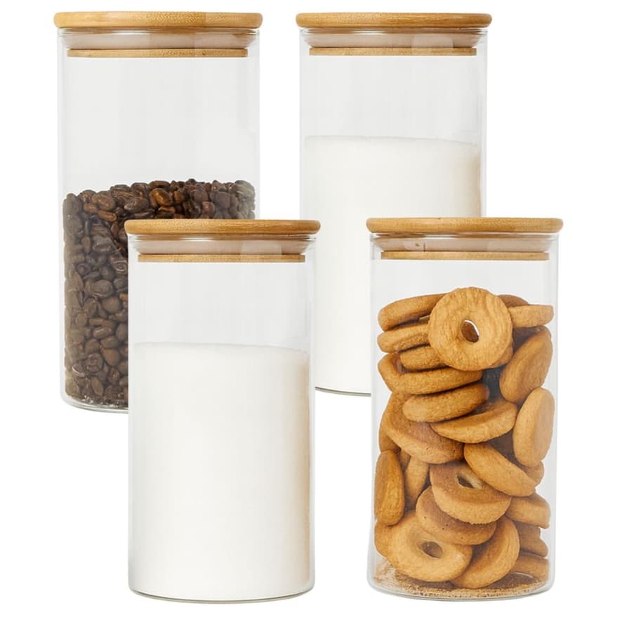 Kit 4 Pote Hermético Redondo Vidro 1,5L Tampa Bambu Mantimentos Grãos