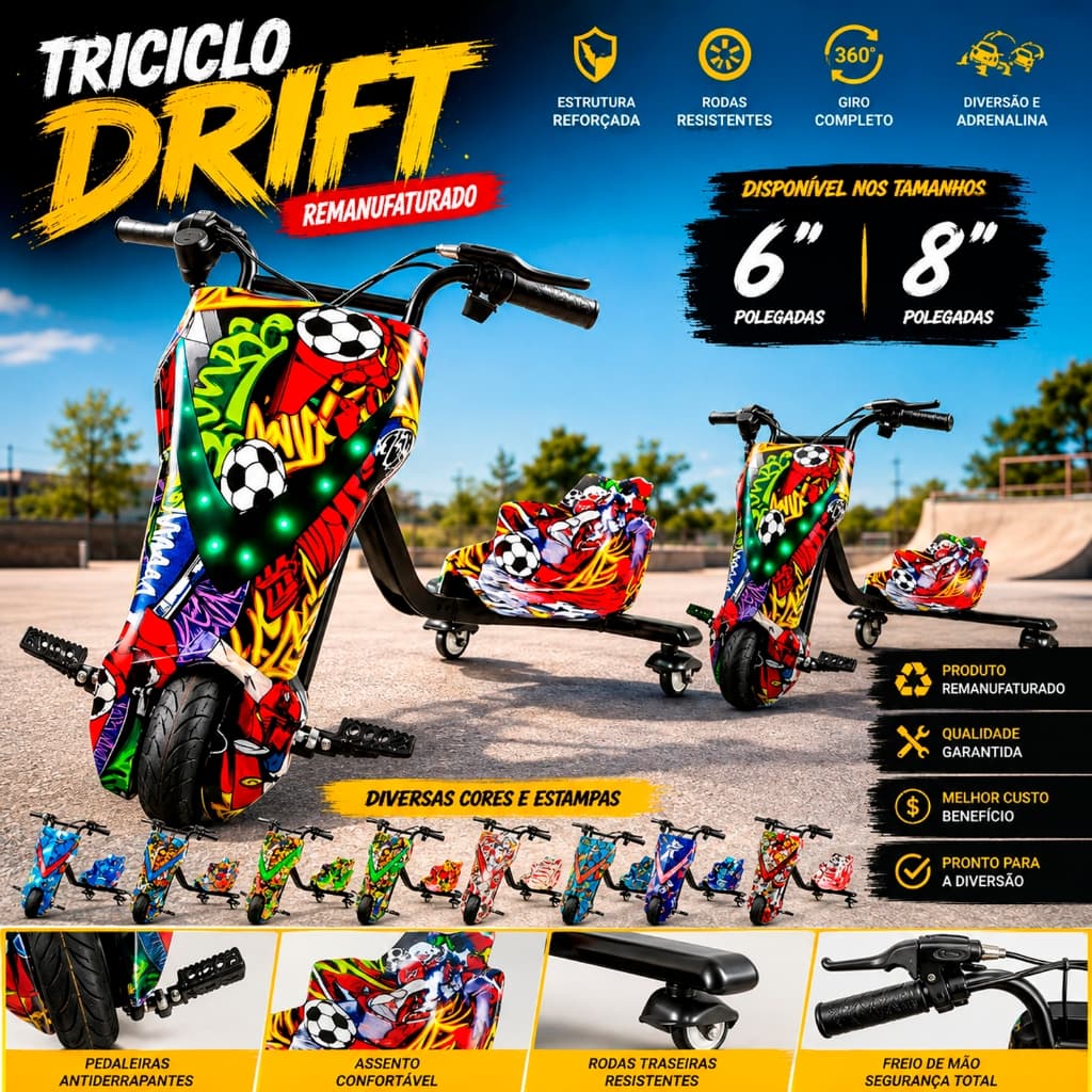 Triciclo Infantil Elétrico Drift Remanufaturado Bluetooth MP3 Alta Potência 3 Velocidades Ajustáveis