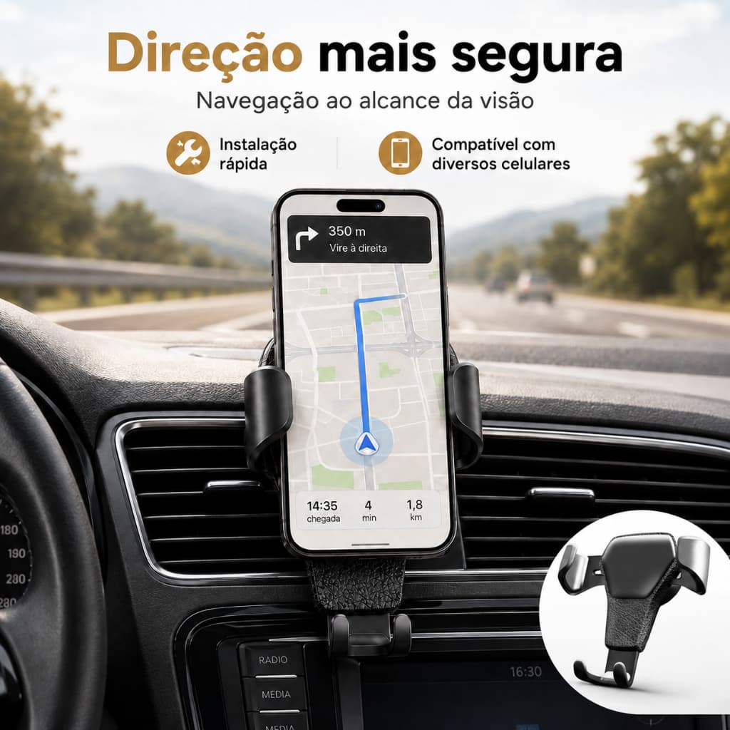 Suporte Veicular Universal para Celular 360° com Fixação na Saída de Ar Ajustável e Antiderrapante