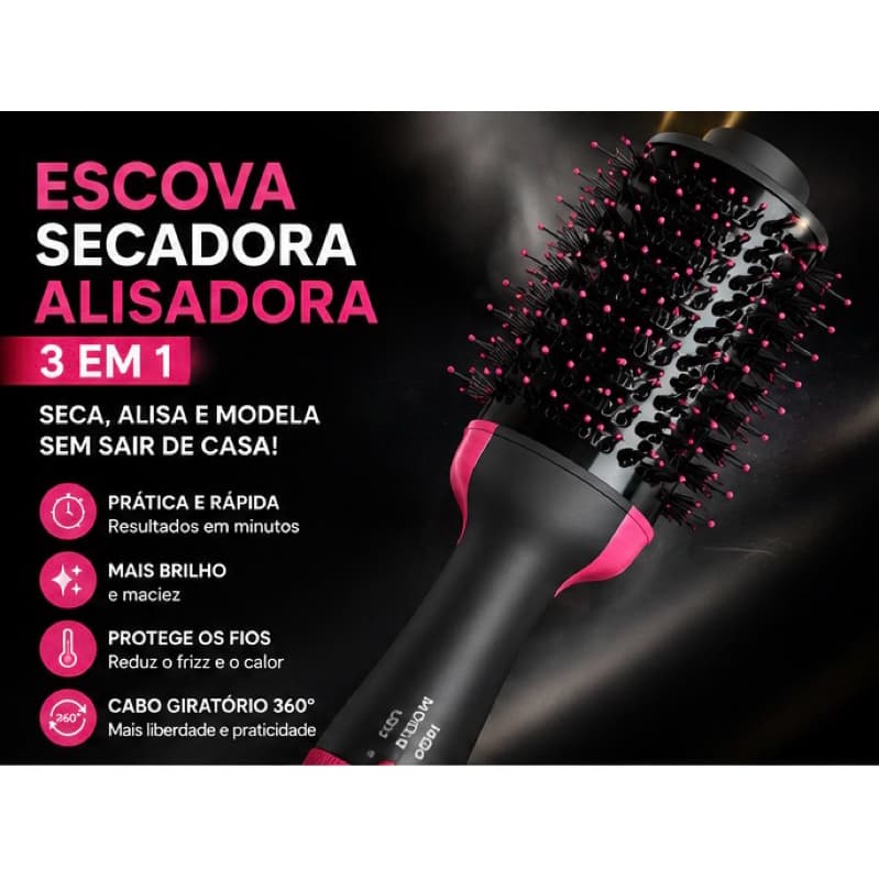 Escova Secadora 3 em 1 Seca Alisa e Modela | 3 Temperaturas | Cabo 360°