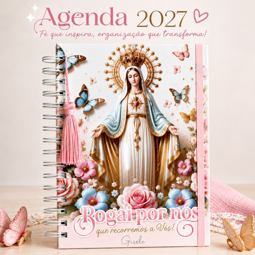 Agenda Devocional 2027 Personalizada com nome | Nossa Senhora Presente Católico Feminino Floral Caderno de Versículos