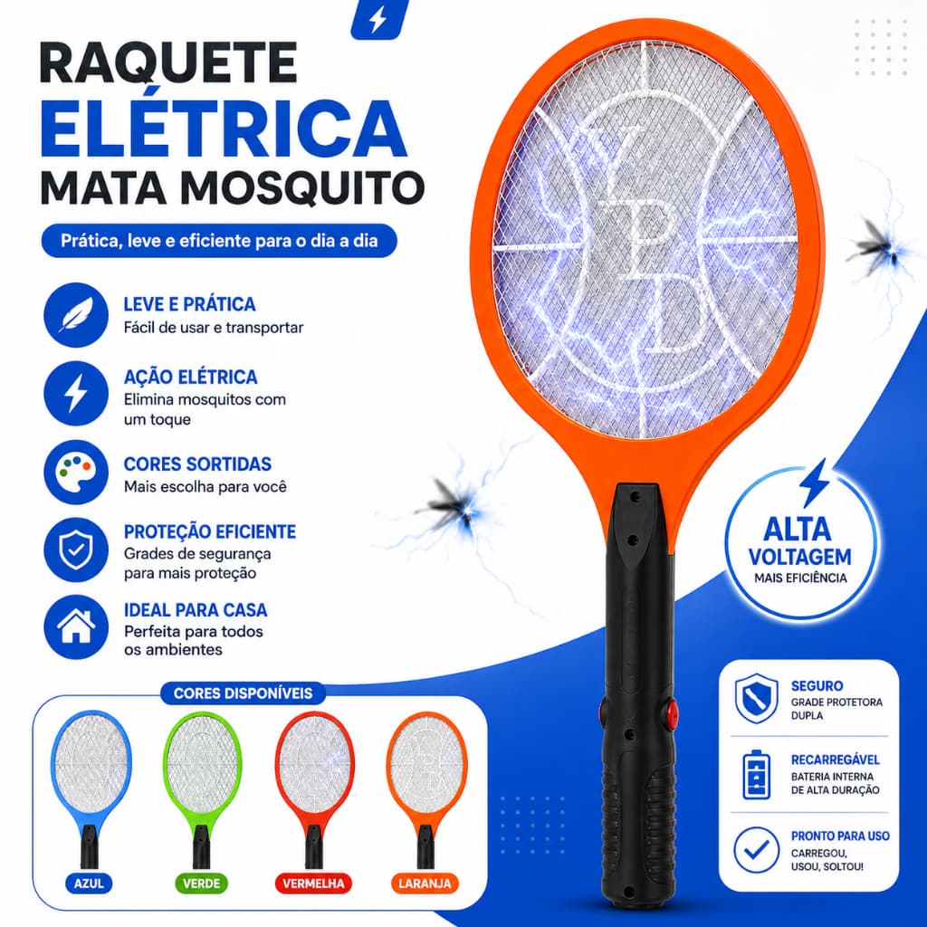 Raquete Elétrica Mata Mosquito com Tripla Camada de Tela Fácil de Usar Leve e Prática
