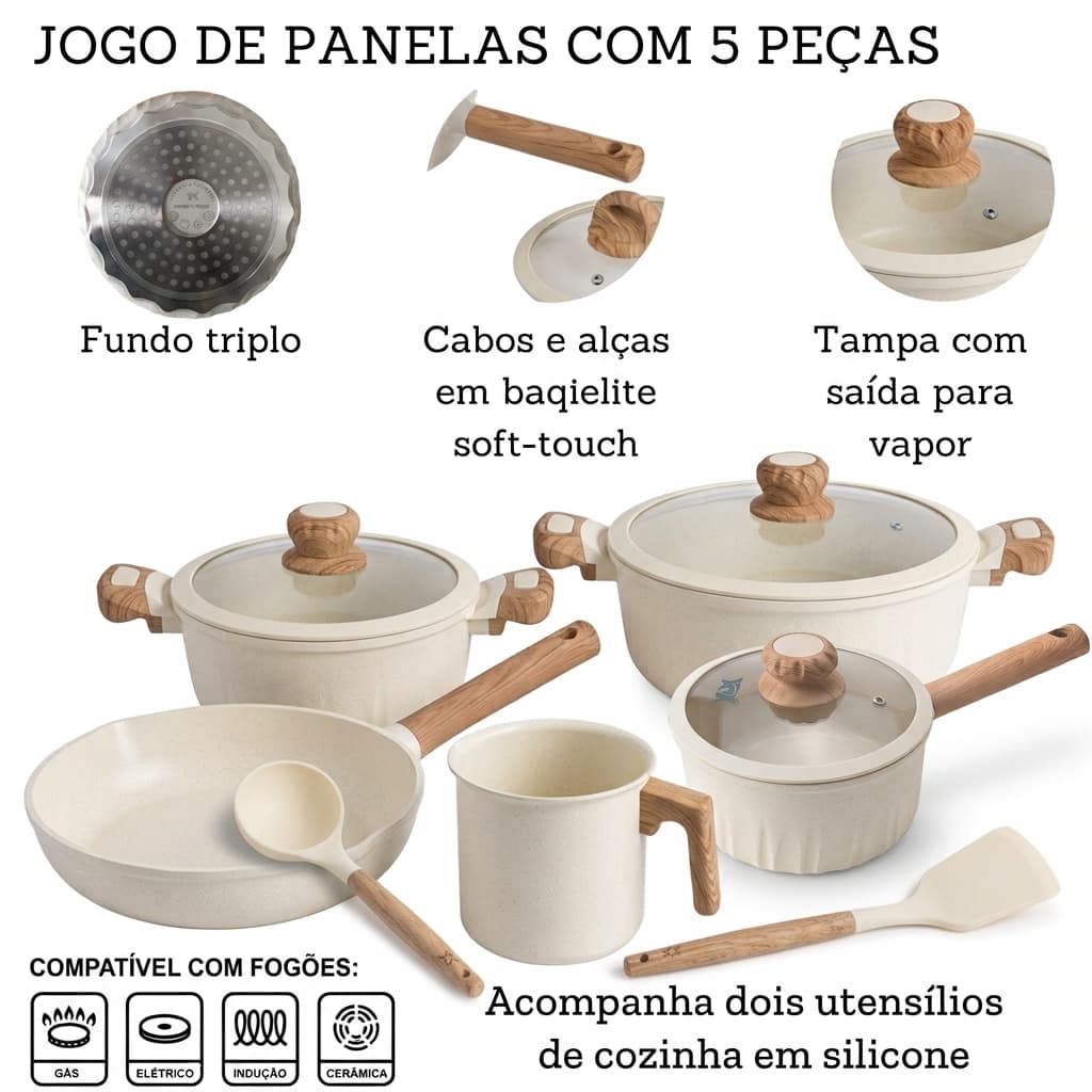 Jogo de Panelas 5 Peças + Leiteira E Utensílios De Cozinha Antiaderente Revestimento Cerâmico
