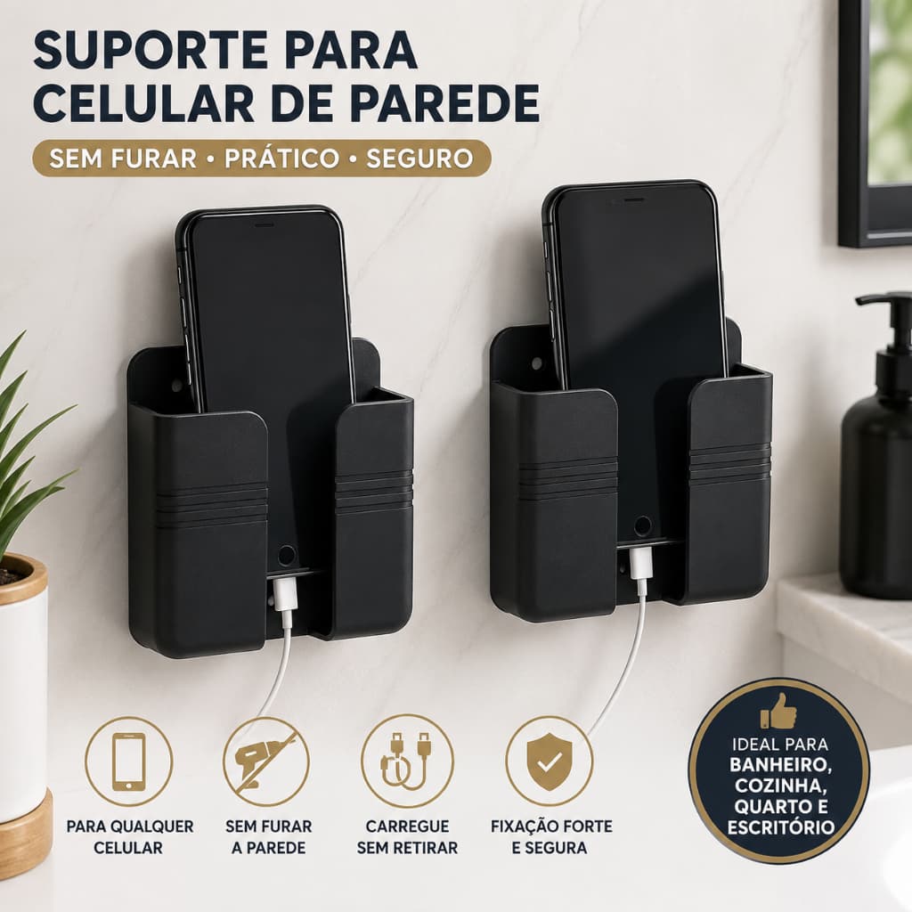 Kit 2 Suporte de Carregamento Celular Parede Sem Furar Banheiro Cozinha Quarto Escritório