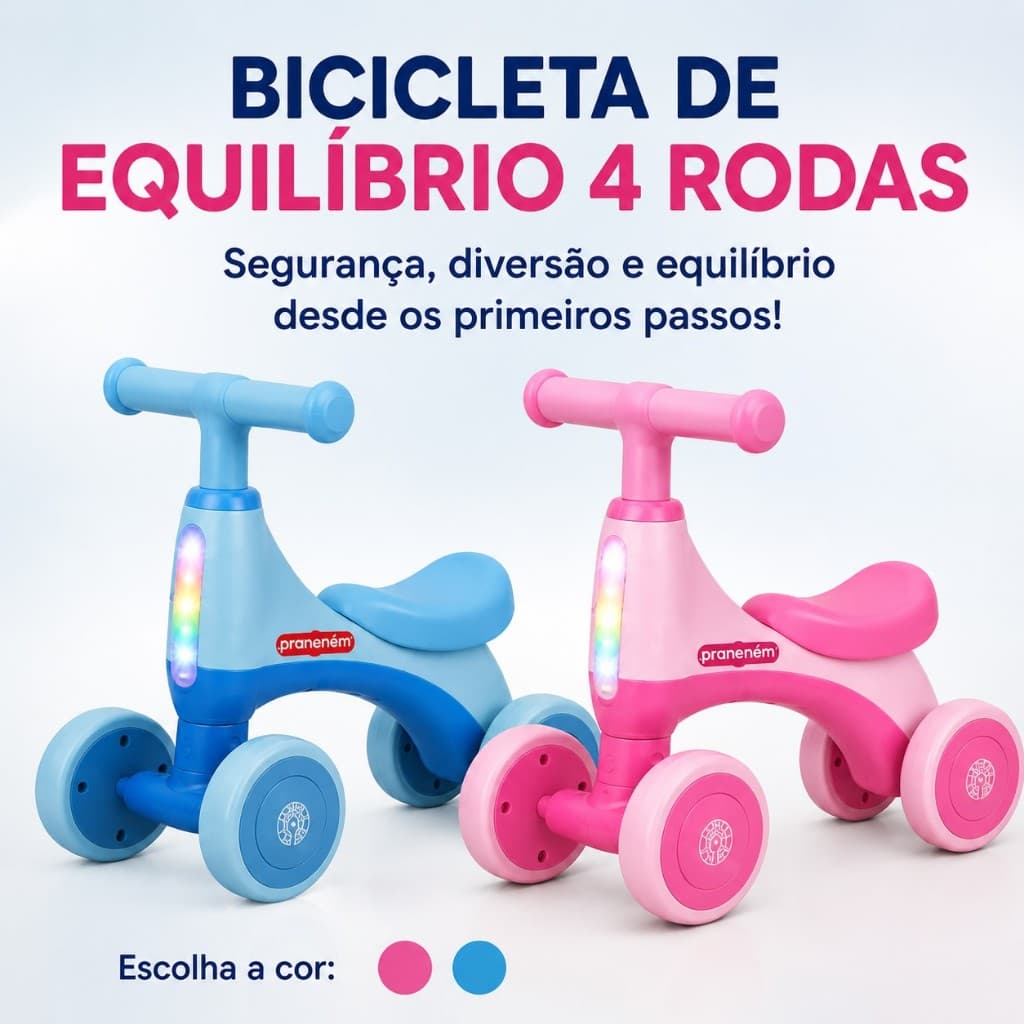 Bicicleta Equilibrio Infantil Bicicletinha sem pedal Andador 4 Rodas Azul Seguro Estável Aprendizagem