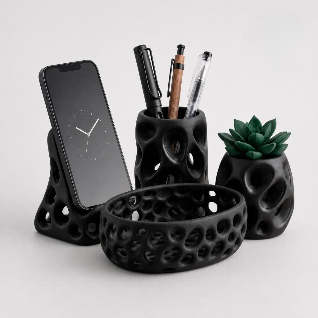 Kit Organizador de Escritório 4 Peças Suporte Celular Porta Caneta Vaso Bandeja