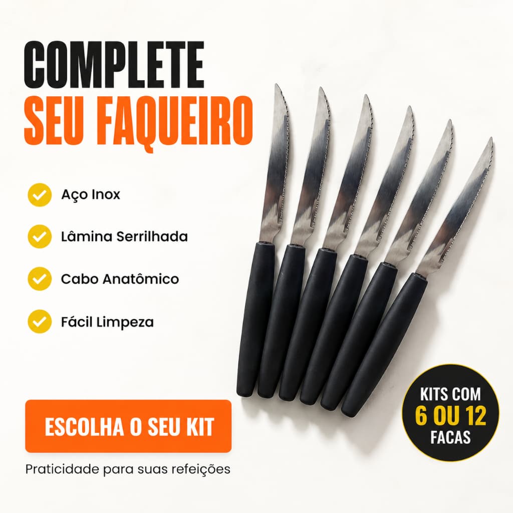 Kit 6 ou 12 Facas de Mesa Inox Cabo Preto com Serra para Refeições Uso Diário