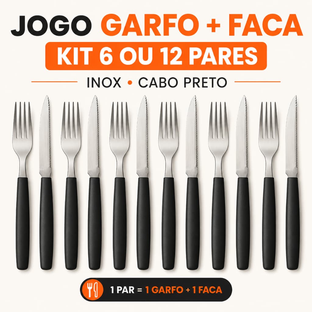 Jogo Garfo e Faca Inox Cabo Preto Kit 6 ou 12 Pares para Refeições