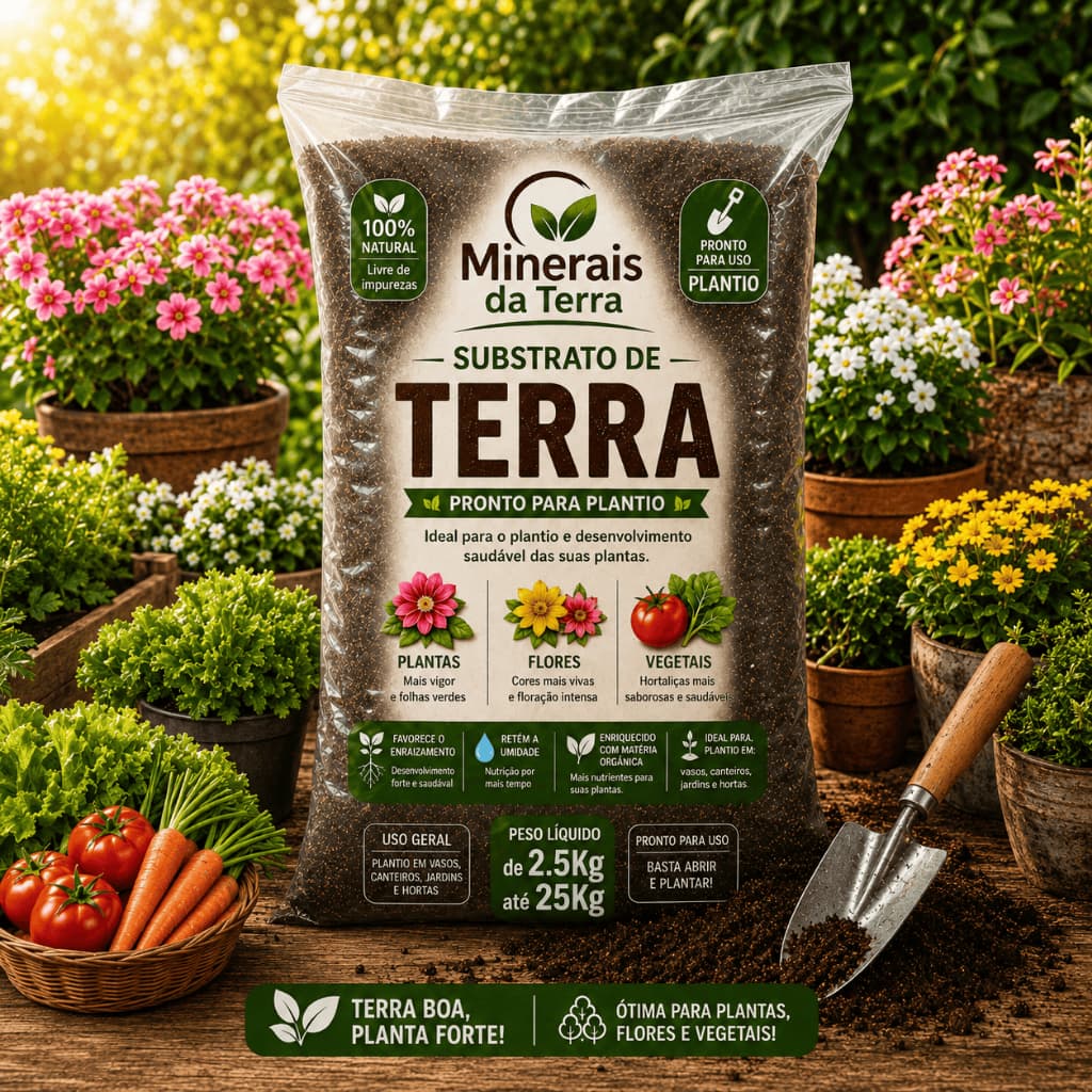 Terra Vegetal Premium Adubada 25kg Pronta para Uso em Plantas, Vasos, Jardim e Horta