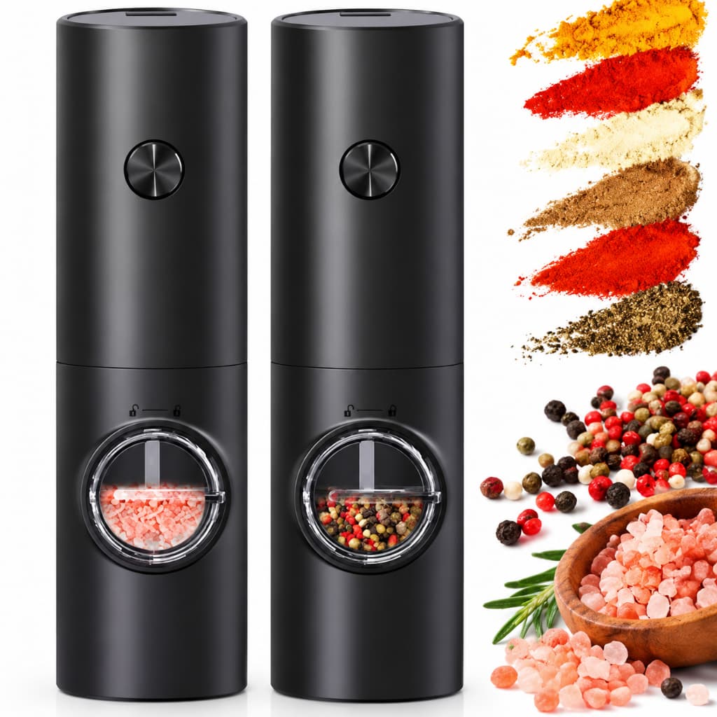 Kit 2 Moedores Elétricos de Sal Pimenta Temperos Grãos Automático Ajuste de Granulagem Preto