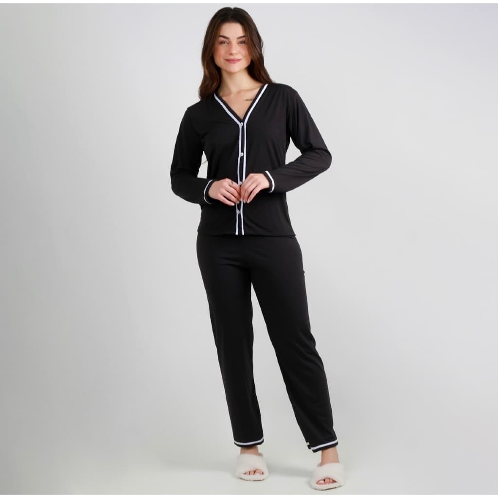 Pijama Americano Feminino Blogueira Gola V Amamentação Botões Tendência Blogueira Cirúrgico Malha Promoção