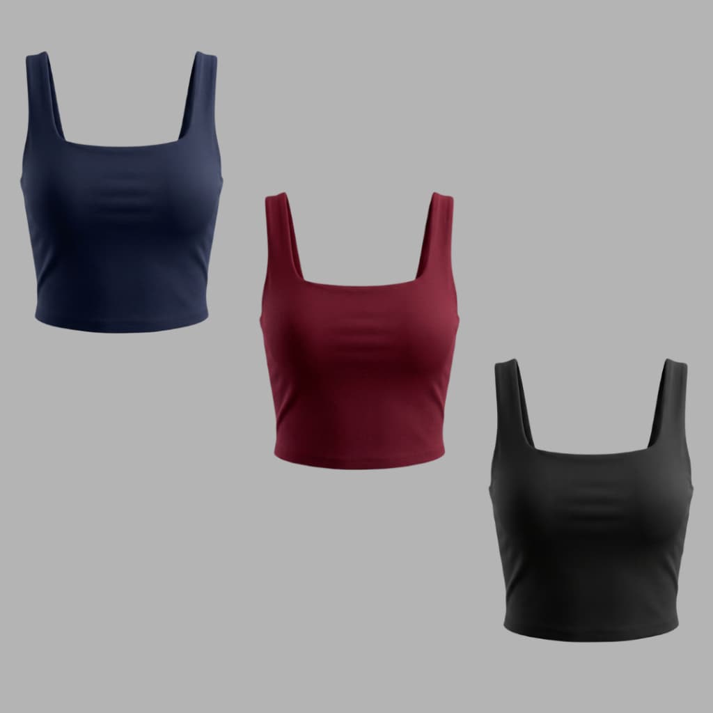 Kit 3 Cropped Regata Feminina Suplex Decote Quadrado Versátil