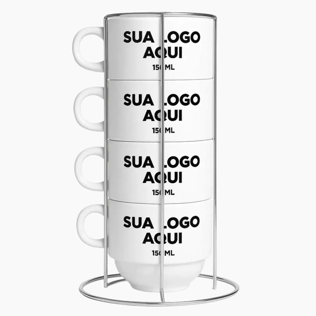 Kit 4 Xícaras Personalizadas 150ml + Torre Metálica Logo