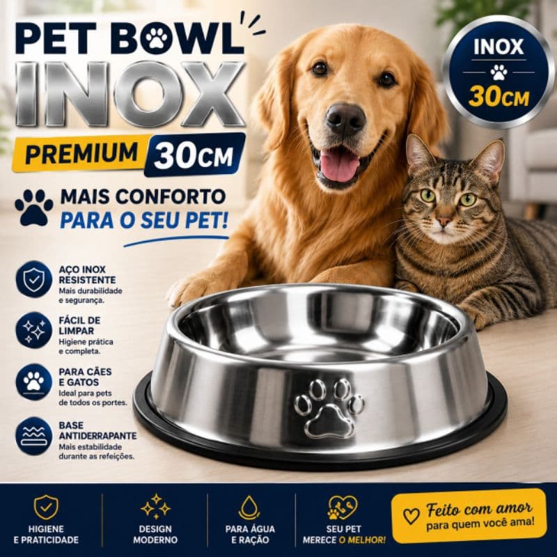 Comedouro Inox para Cachorro e Gato 30cm com Base Antiderrapante