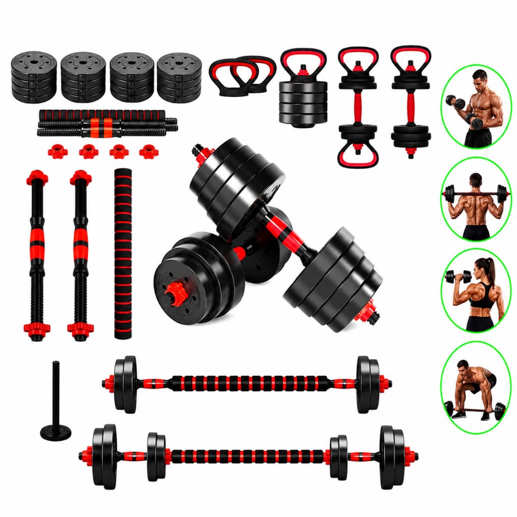 Kit 10kg 18pçs: halteres, kettlebell, barra reg. - Treine braços, pernas, costas, ombros em casa