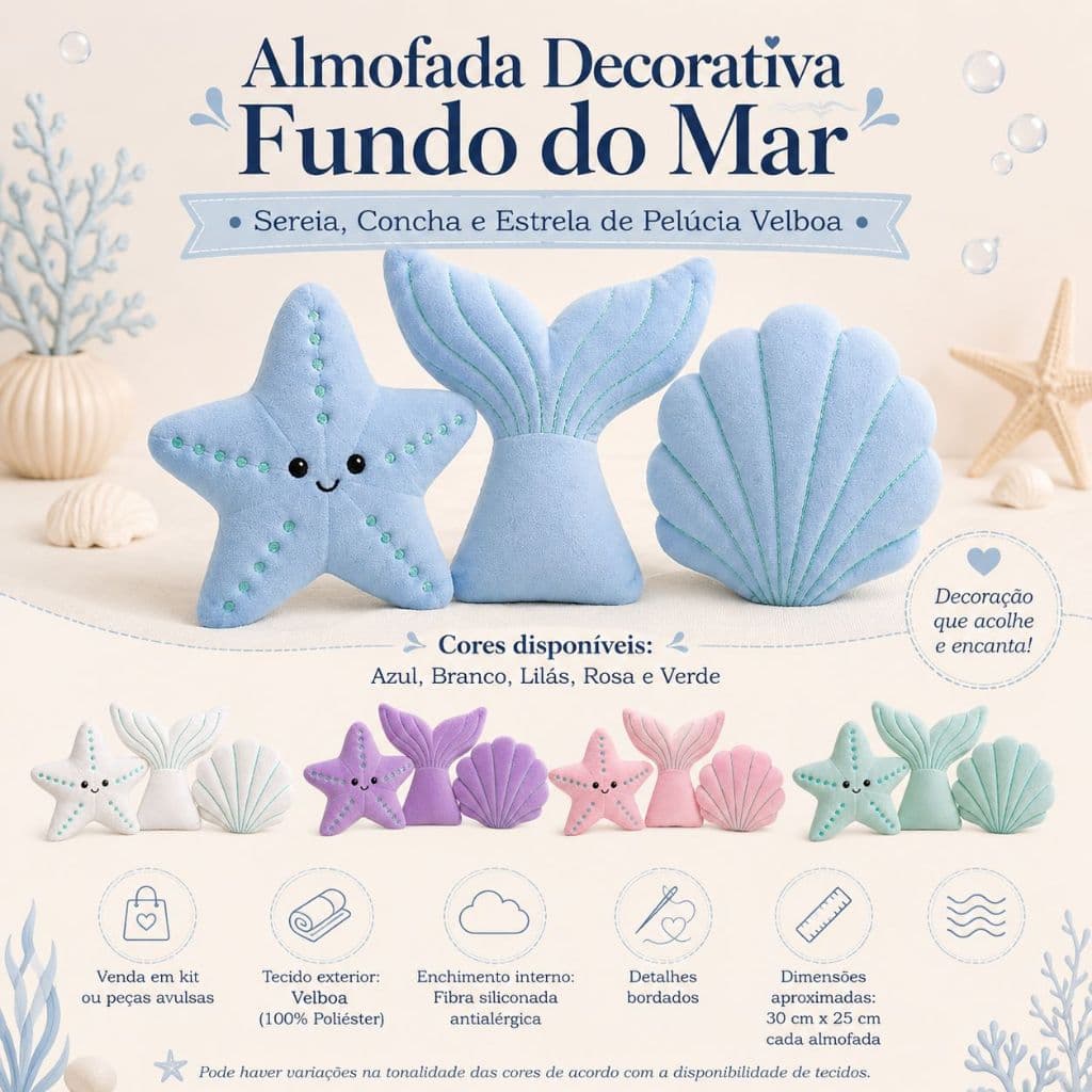 Kit 3 Almofadas Sereia Fundo do Mar Concha, Estrela do Mar e Cauda de Sereia