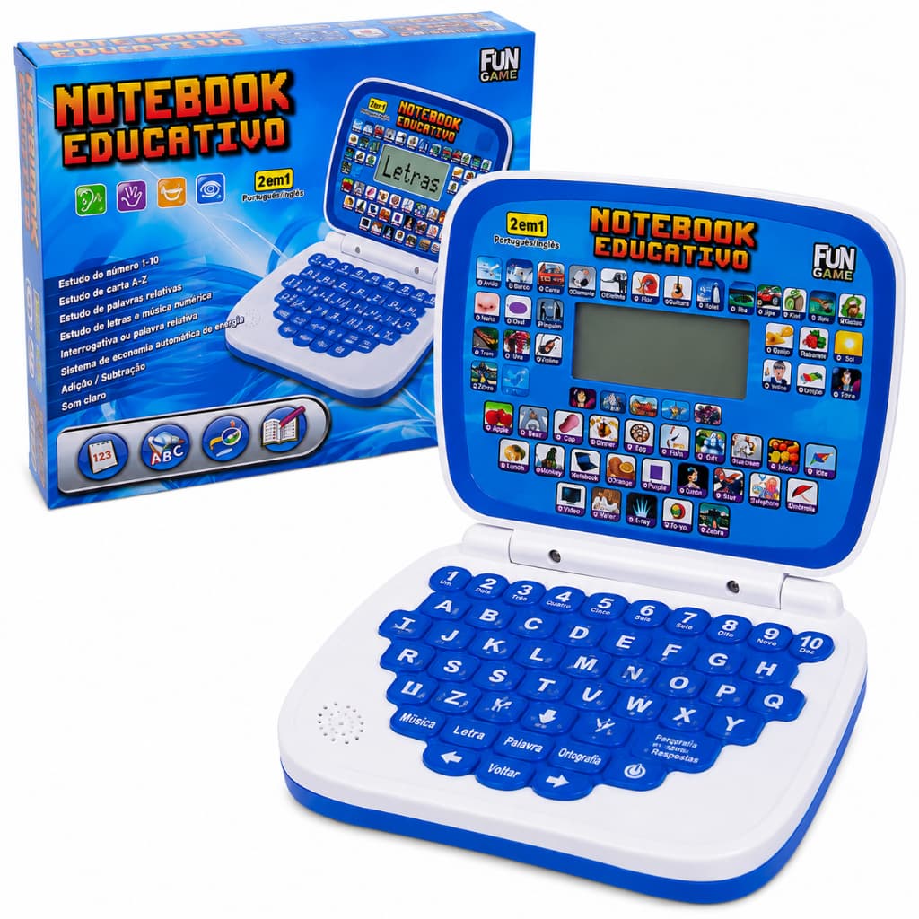 Mini Notebook Educativo Azul Infantil Com Atividades Inglês e Português