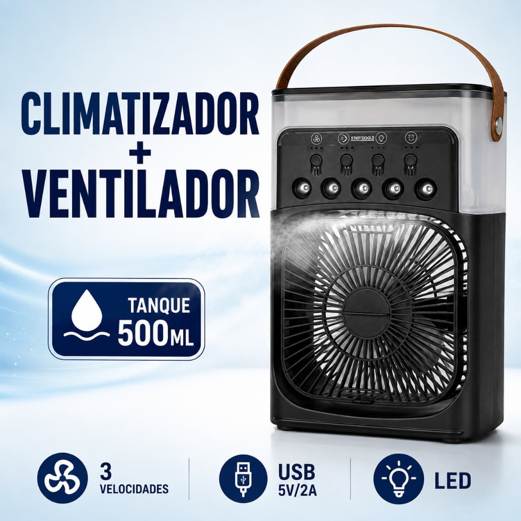 Climatizador Ventilador Umidificador Portátil 500ml USB LED 10W 3 Velocidades Preto