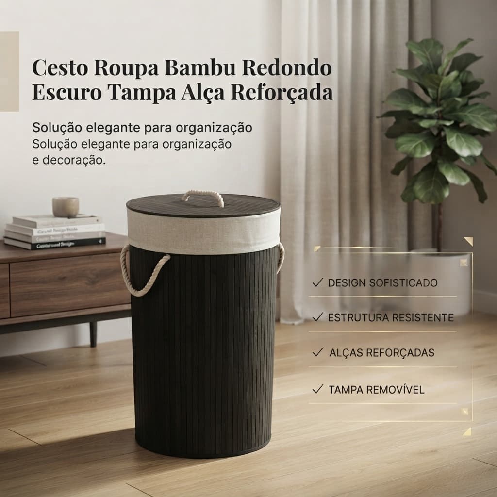 Cesto Roupa Bambu Redondo Escuro Tampa Alça Reforçada