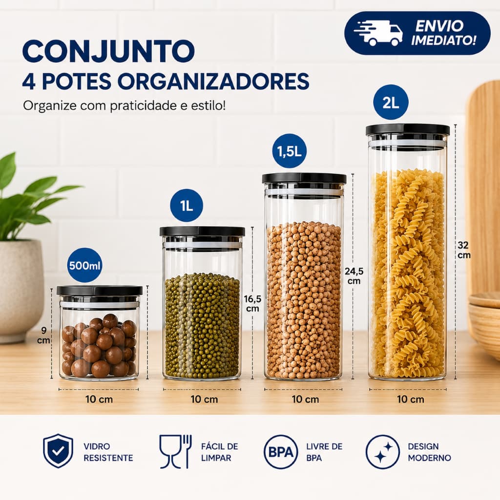 Conjunto 4 Potes de Vidro Organizadores Multiuso, com Vedaçao de Borracha
