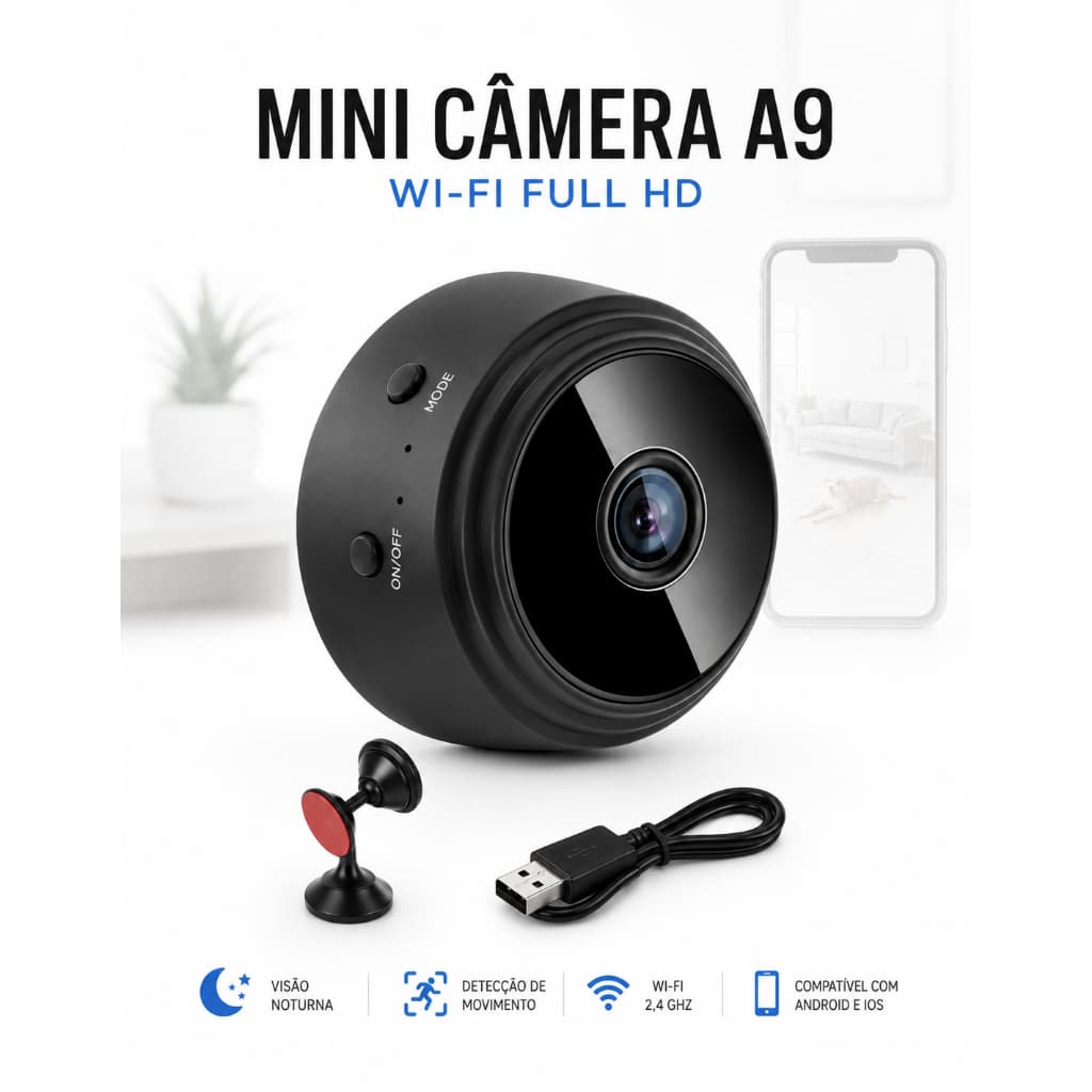 Mini Câmera Babá Espiã Com Voz Wifi Hd 1080 Visão Noturna Resolução Full HD Detecção de movimento Visão noturna