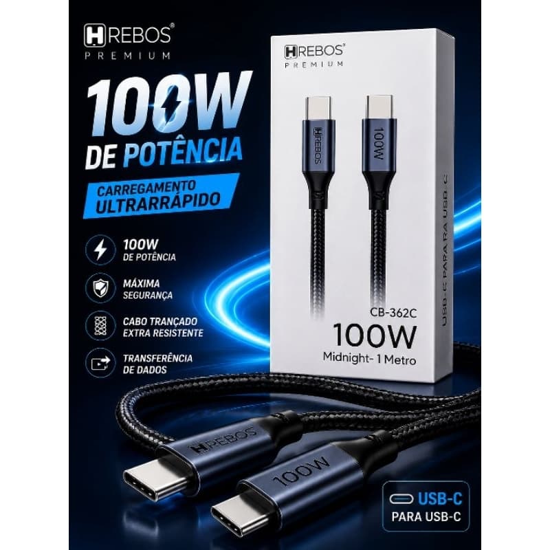 Cabo Hrebos 100W USB-C para USB-C 1 Metro Trançado Carregamento Rápido CB-362C