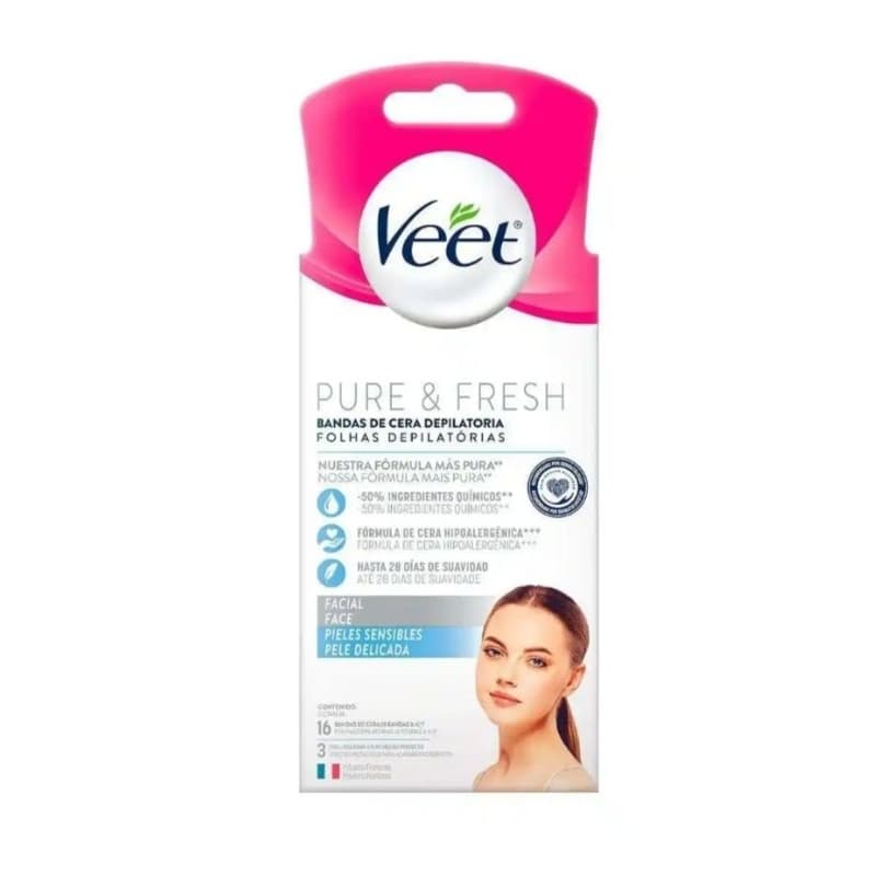 Folhas Depilatorias Veet Facial Peles Delicadas c/16 Folhas (4 Folhas x 4)+ 3 Lenços