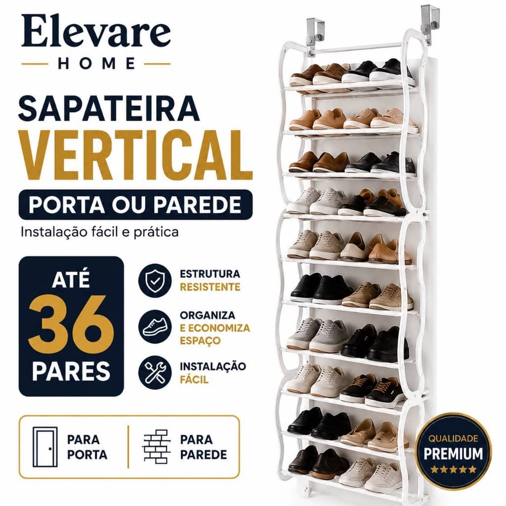 Sapateira Vertical de Porta e Parede para 36 Pares Branca Preta Organizadora Elevare Home