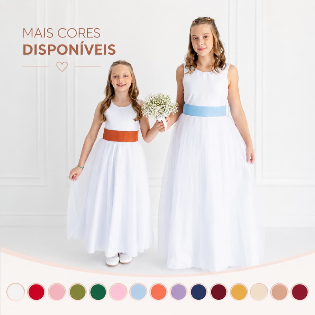 Vestido Branco Longo Infantil Dama de Honra Luxo Noivinha Faixa Colorida com Saia Tule REF4072