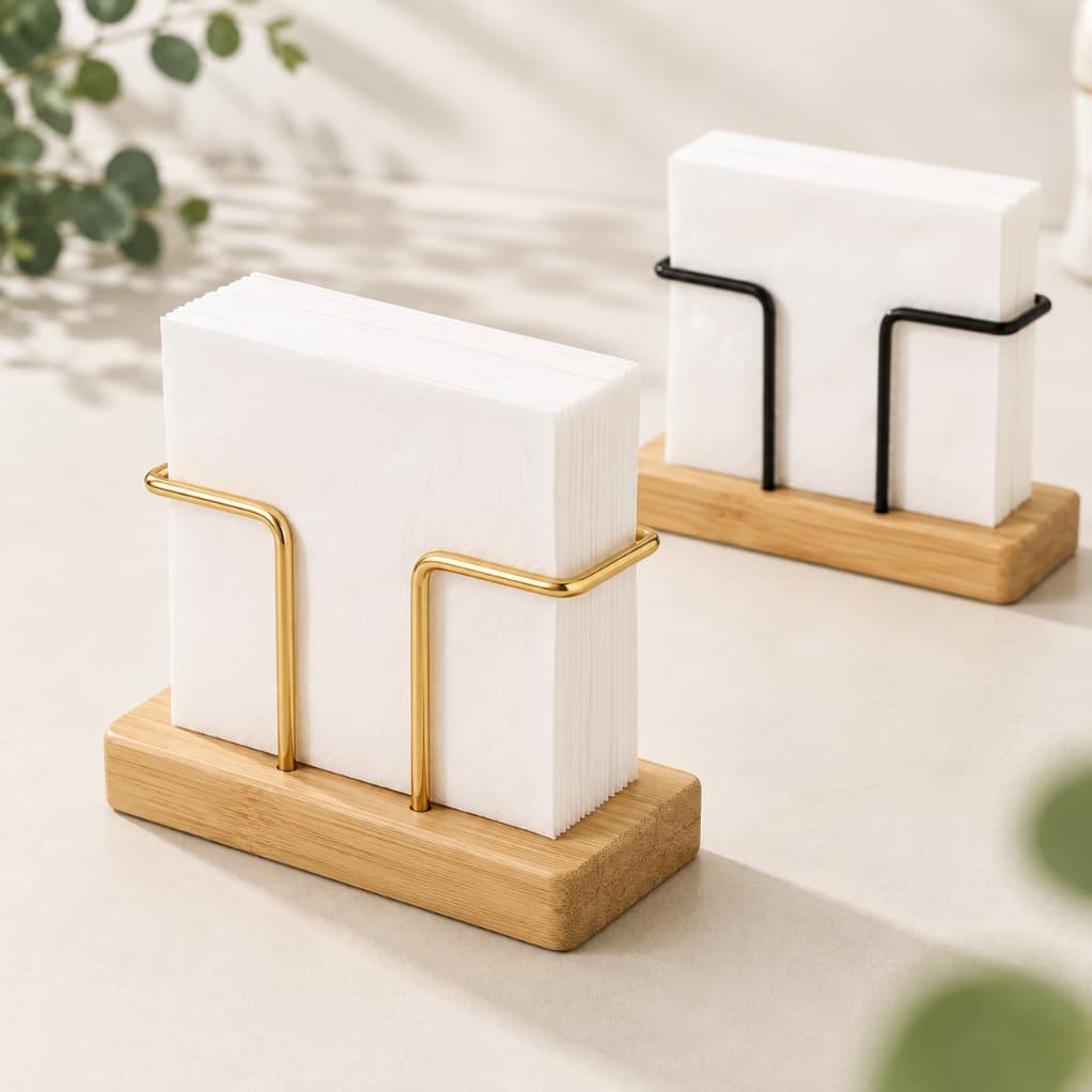 Porta Guardanapo Aurora Suporte Guardanapos Bambu Metal Dourado Preto Mesa Posta Cozinha Bancada Organizador