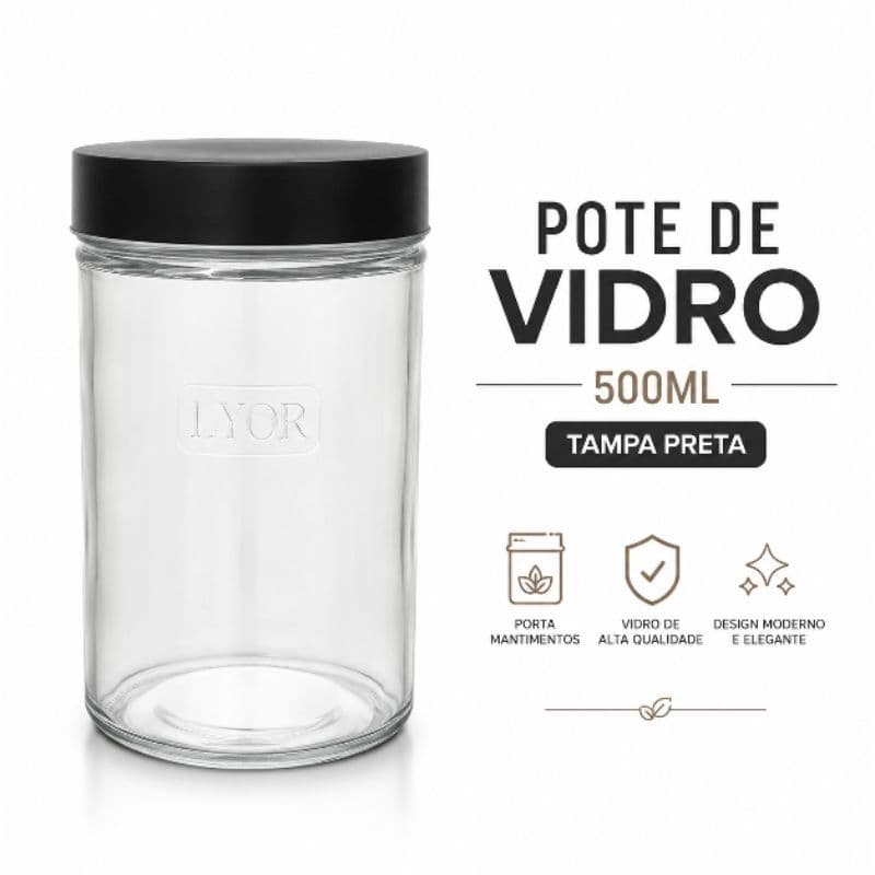 Pote de Vidro Lyor 500ml com Tampa Alta Vedação Organizador Porta Mantimentos Tempero Café Açucar Porta Alimentos