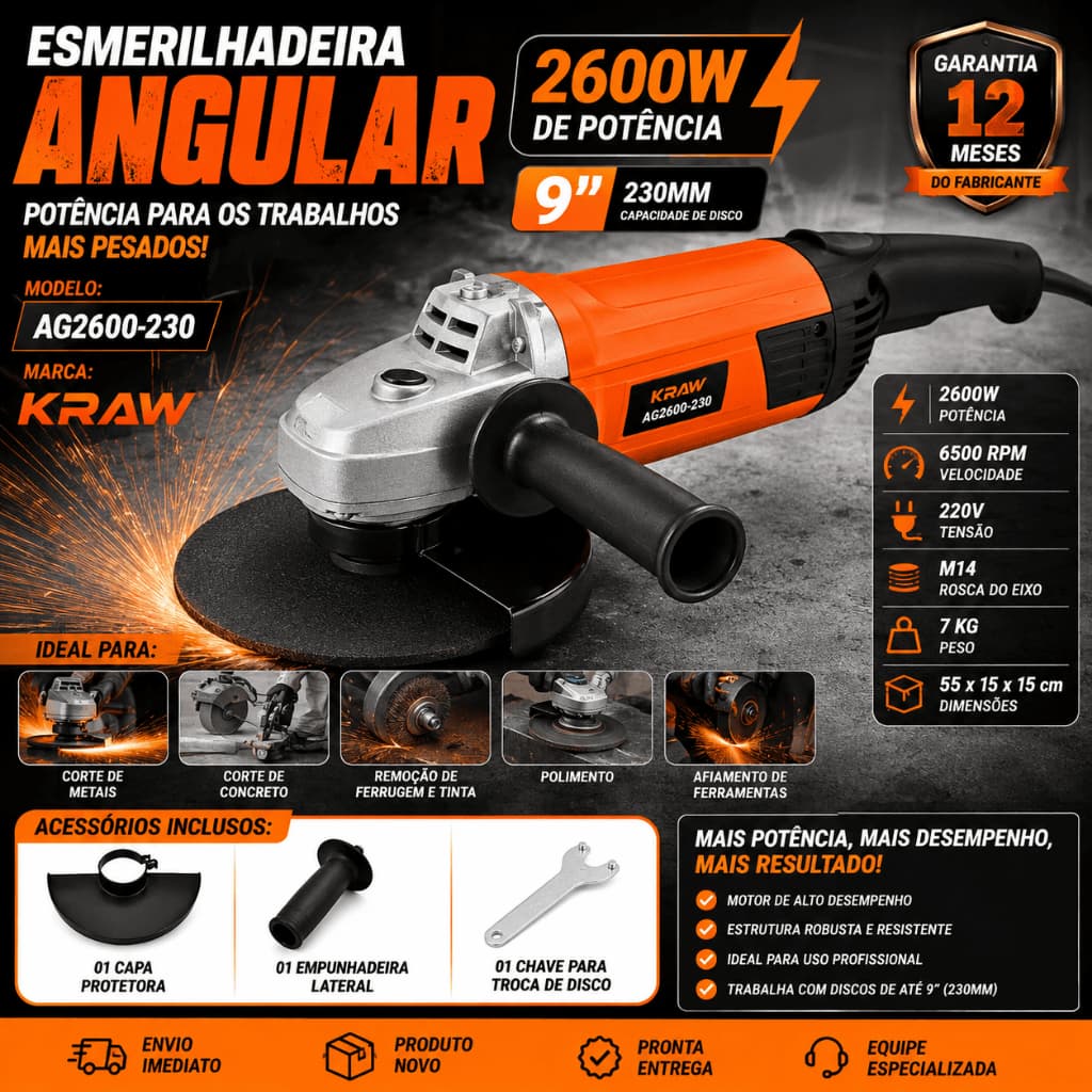 Esmerilhadeira Angular 9 Pol 230mm 2600W Profissional 6500RPM M14 220V KRAW Corte Desbaste AG2600-230