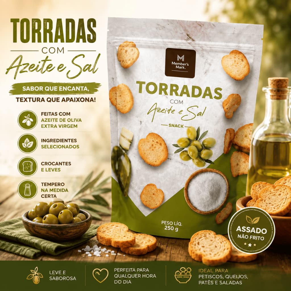 Torradas com Azeite e Sal Member's Mark 250g Snack Crocante para Patês Queijos e Petiscos
