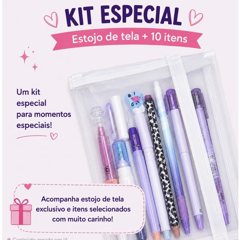 kit especial de papelaria fofa com estojo + 10 Itens de Papelaria Sortidos – Cores Variadas – Lovers Papelaria