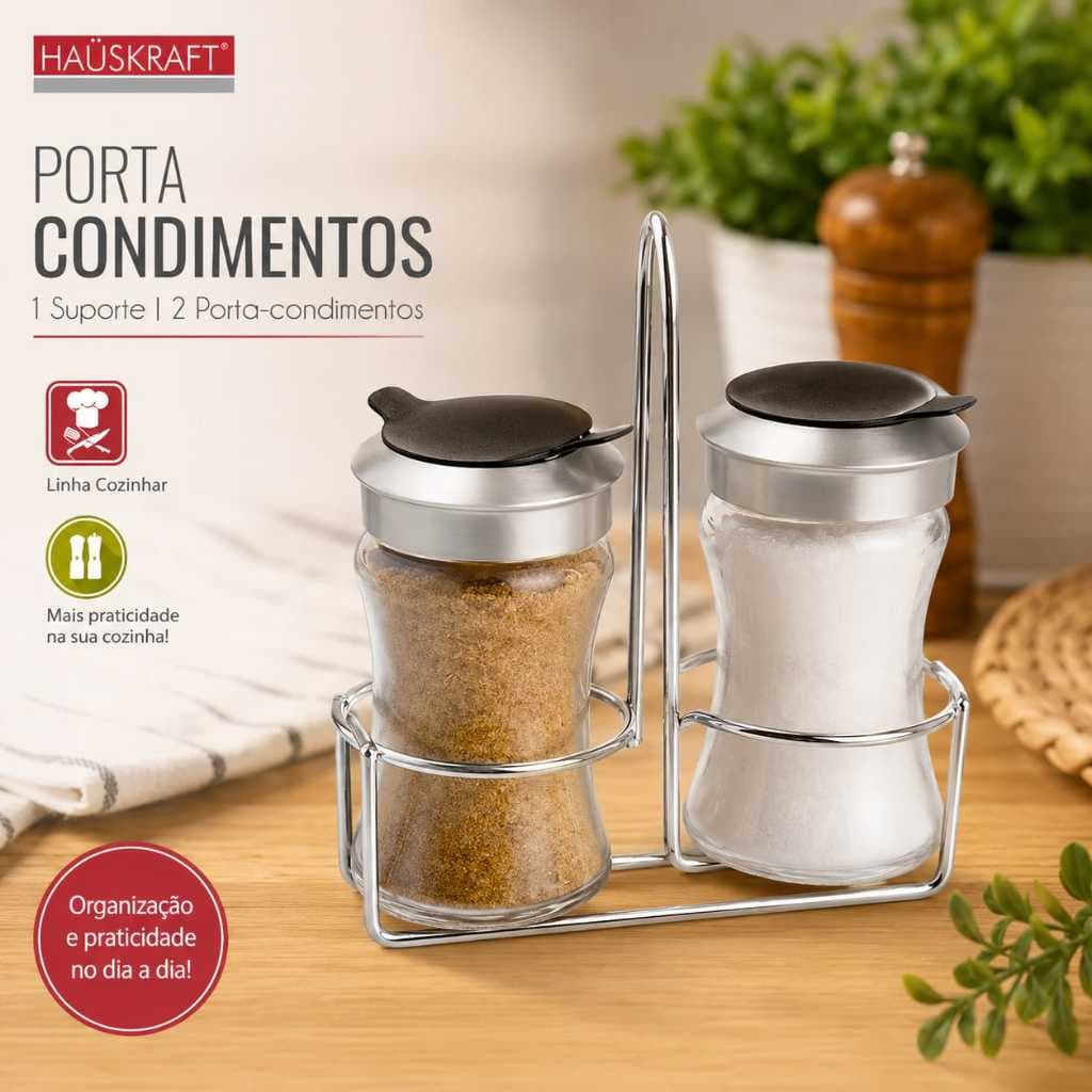 Kit Porta Condimentos 2 Potes Vidro 100ml com Suporte Inox Saleiro Pimenteiro Cozinha