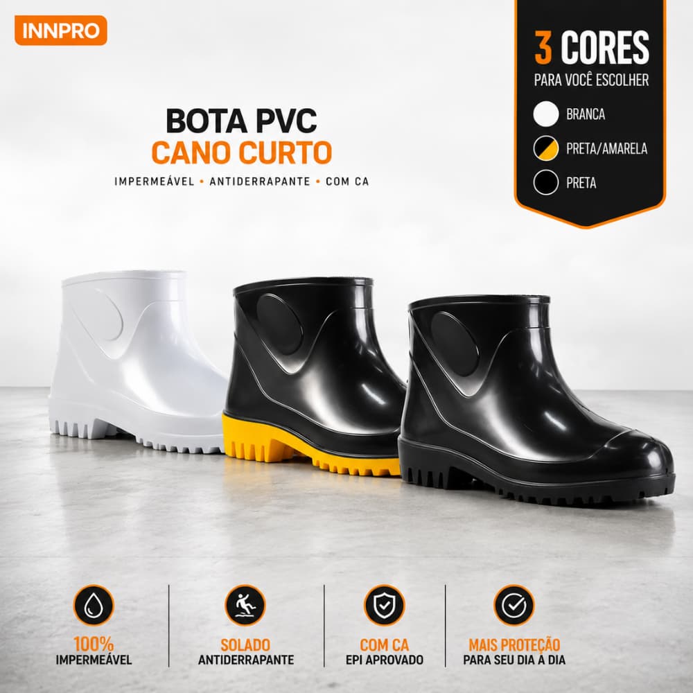 Bota Galocha PVC Innpro Cano Curto Impermeável Antiderrapante CA EPI Trabalho Chuva Limpeza Motoboy