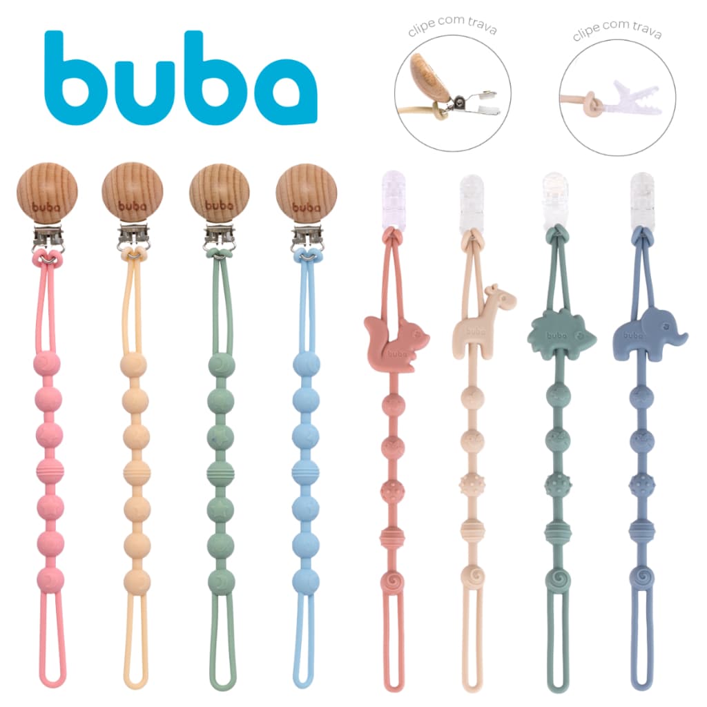 Prendedor de Chupeta em Silicone ou Tecido - Girafa Elefante Bola Azul Verde Rosa Amarelo Bege - Buba