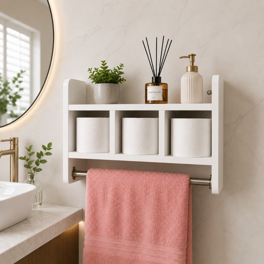 Organizador Banheiro Multiuso de Parede Porta Papel Higiênico Toalheiro Prateleira MDF Branco