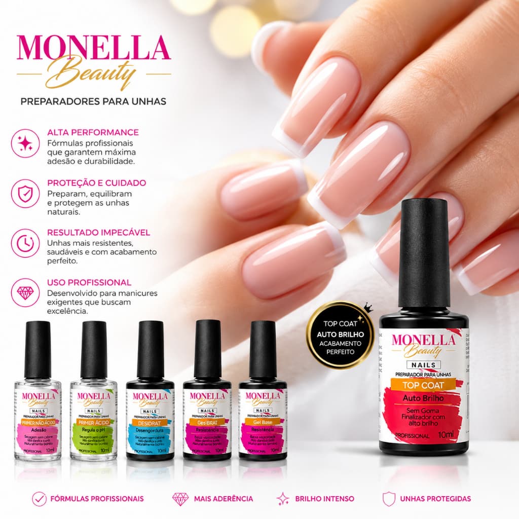 kit profissional preparadores de unha de gel monella top coat, gel base, primer acid, desidratador ,primer sem acid