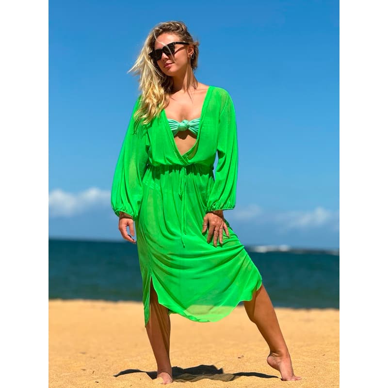 Título: Saída de Praia Feminina Longa Manga Longa Vestido Praia Verão Decote Transpassado